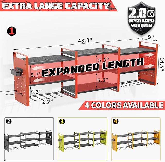 Power Tool Organizer with Charging Station Wall Mount, 3 Layer Expanded Heavy Duty Garage Organization, 48.8 Inch Length Garage Tool Storage, 4 Drill Slot, 16" Standard Hole, Red