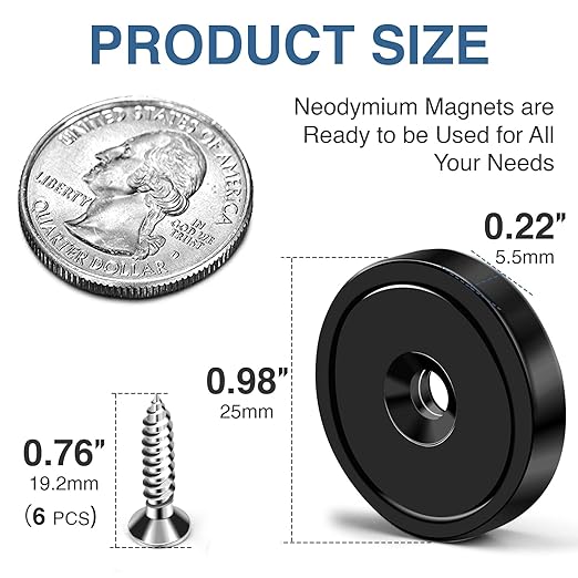 MIKEDE Rare Earth Neodymium Cup Magnets, 70LB Strong, Black, 6 Pack with Countersunk Hole Steel Capsule, Industrial Magnets with Screws for Wall Mounting