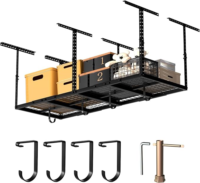 Heavy-Duty 3x8 Overhead Garage Storage Rack with Adjustable Ceiling Shelving with 600lbs Weight Capacity，22 lbs per Hook, Steel Hanging Organizer for Tools, Bins & Bikes Black