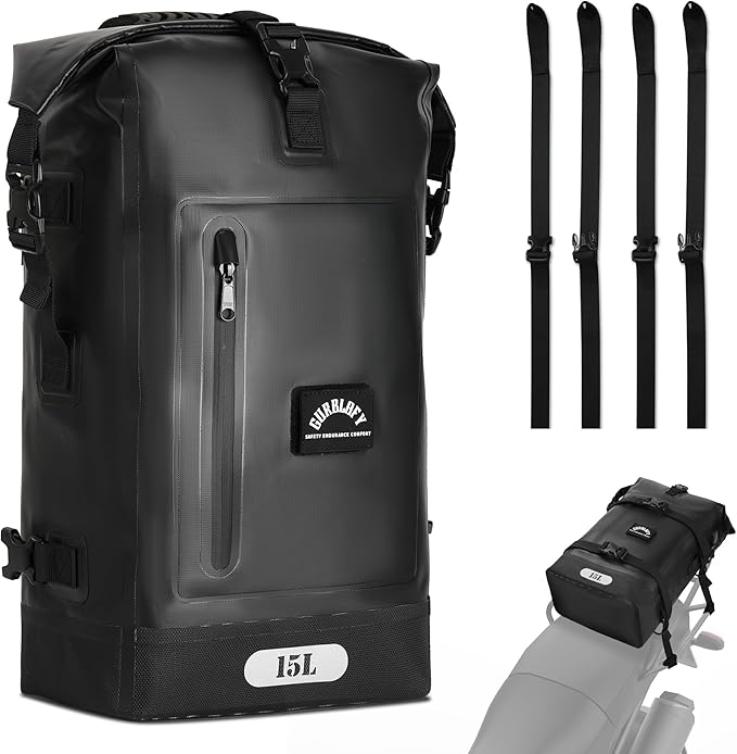 Motorcycle Tail Bag, 15L Waterproof Motorcycle Saddle Bag, 2 Size and 3 Color Options Travel Bag, PVC Luggage Bag, Rear Seat Bag, Classic Black GT-15BL
