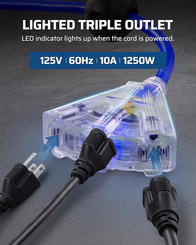 DEWENWILS Retractable Extension Cord Reel, 75 FT Heavy Duty Power Cord, 14/3C SJTOW Retractable Cord Reel, Lighted Triple Outlets, 10A Circuit Breaker, Wall/Ceiling Mount, UL Listed, Blue
