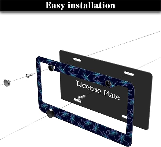 License Plate Frames Black Blue Automotive Exterior Accessories Beautiful Dragonfly Insects Aluminum Metal Car Accessory 2 Pack with Screw Covers Set
