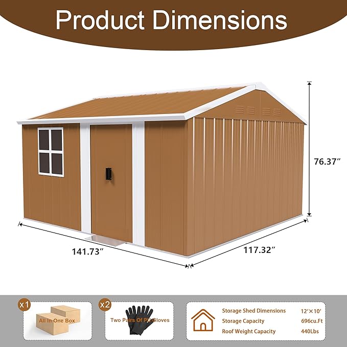 12 x 10 FT Outdoor Storage Shed, Metal Garden Tool Shed with Slooping Roof, Lockable Doors and Windows, All-Weather Weatherproof Blike shed for Garden, Patio, Lawn, Yellow