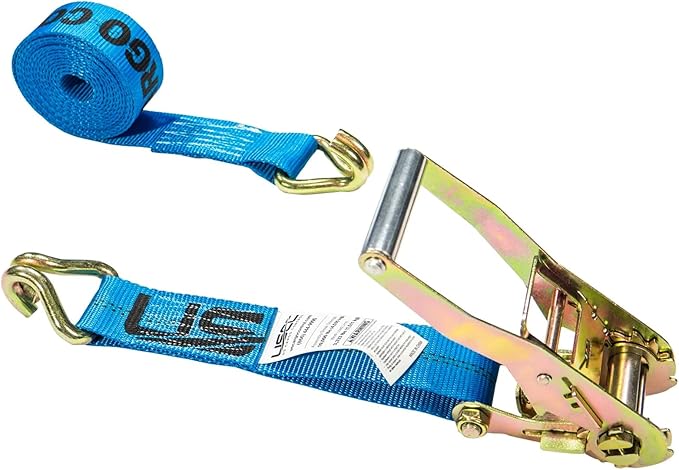 US Cargo Control 2 Inch Wide x 18 Foot Long Heavy Duty Ratchet Strap with J Hooks, Blue Weather Resistant Webbing, 3,333 Pound Working Load Limit