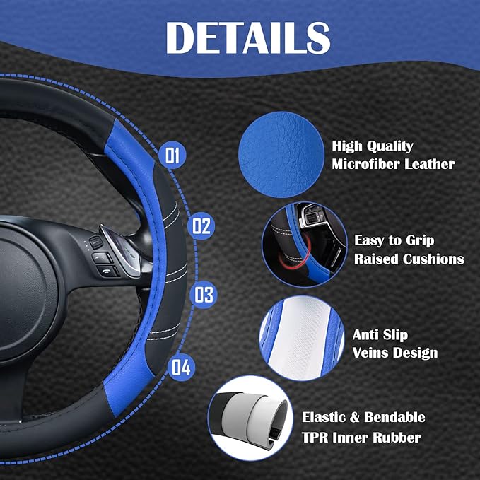 CAR PASS Line Rider Microfiber Leather Sporty Steering Wheel Cover Universal Fits for 95% Truck,SUV,Cars,14.5-15inch Anti-Slip Safety Comfortable Desgin (Black-Blue)