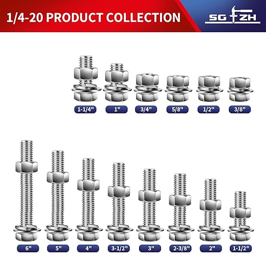 1/4-20 x 1" Hex Head Screw Bolt, Nuts, Flat & Lock Washers, 20Pcs 18-8 (304) Stainless Steel, Fully Threaded, by SG TZH
