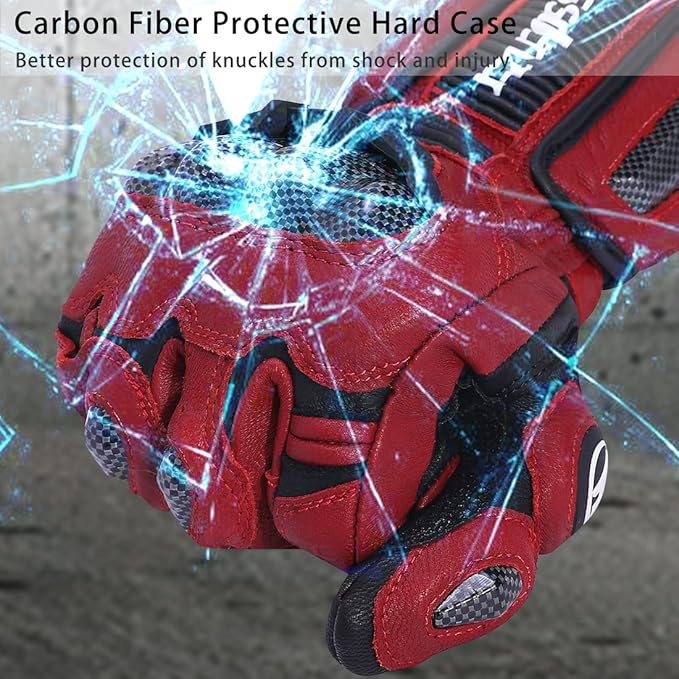Harssidanzar Leather Motorcycle Gloves for Men and Women,Powersports Carbon Fiber Knuckle Protection Motorbike Gloves KM045