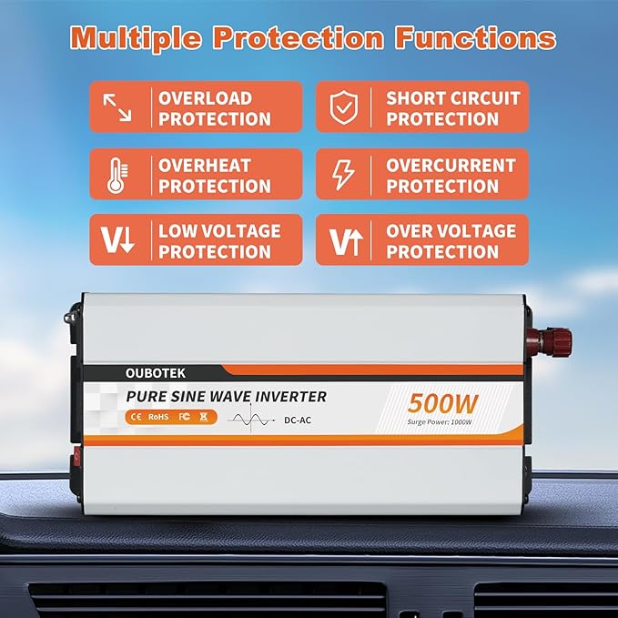 500W Power Inverter, DC 12V to 120V AC Converter for Vehicles Car, Pure Sine Wave Adapter with USB Port and 2 AC Outlets Car Charger for Laptop Smartphone Small Power Tool