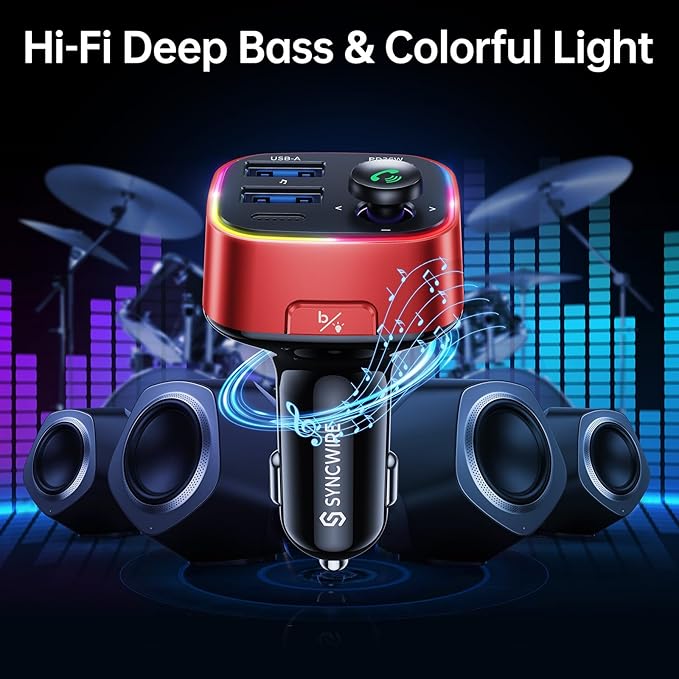 Syncwire Bluetooth 5.3 FM Transmitter Car Adapter 48W (PD 36W & 12W) [Light Switch] [Hi-Fi Deep Bass] [Fast Charge] Wireless Radio Music Adapter LED Display Hands-Free Calling Support USB Drive, Red