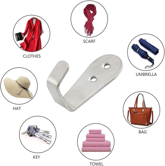 Stainless Steel Coat Hooks, Heavy Duty Metal Hangers for Hanging Towels, Keys, Hats - Kitchen & Bathroom Wall Mounted Indoor/Outdoor Hooks with Installation Screws - 8 Pack