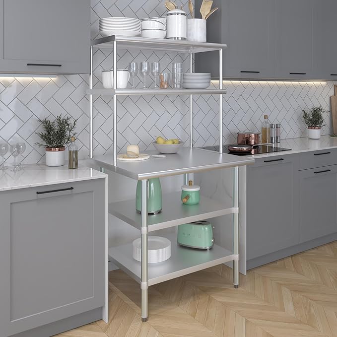 Amgood Stainless Steel Work Table with 2 Shelves | Metal Kitchen Prep Table & Shelving Combo (30" x 36" Table with 2 Shelves + 18" Overshelf)