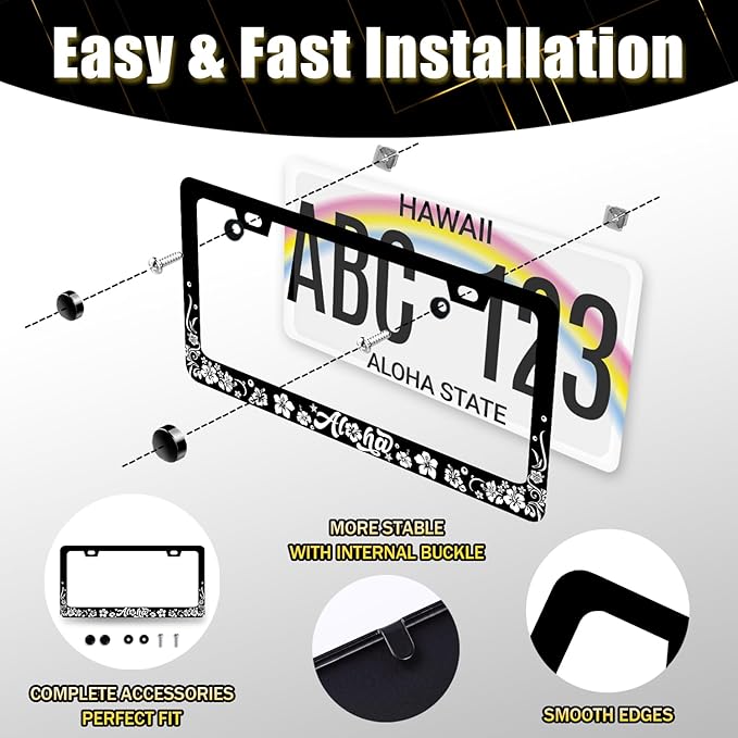 Aloha License Plate Frame Hibiscus Flowers License Plate Holder Stainless Steel Funny Design with 2 Holes and Screws 12.3" x 6.3"