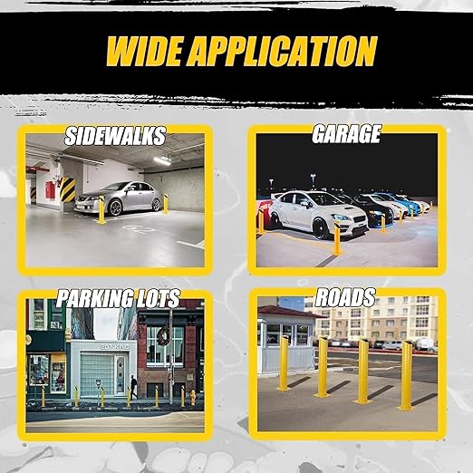 4-Pack Heavy Duty Safety Bollards, 42" Height, 4.5" Diameter Steel Pipe Bollard Post with 16 Anchor Bolts, High-Visibility Yellow Parking Bollard for Traffic Control, Warehouses, & Pedestrian Safety