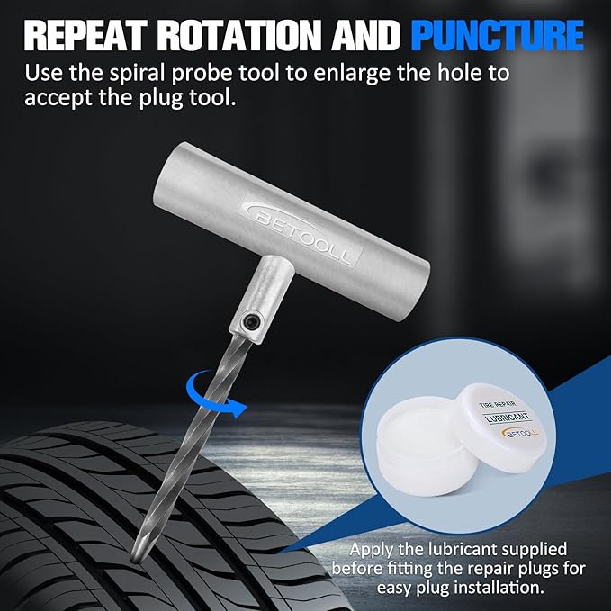 BETOOLL Tire Repair Kit, 44 Pcs Professional Heavy Duty Universal Emergency Flat Tire Repair Kit to Fix Punctures, for car Motorcycle, Truck, Golf Cart, ATV, Tractor, ARB, RV, SUV, Trailer etc.
