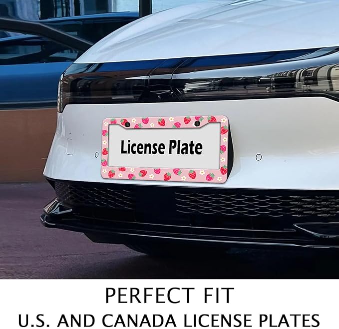 Cute Strawberry Printed License Plate Frame, Strawberry and Flowers Frames Holder Covers, Metal Aluminum Rustproof Car Accessories for Us Canada Standard Women Men 2 Holes with Screw Caps