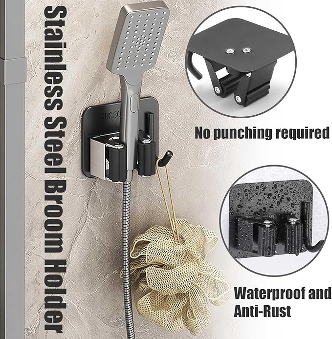 Stainless Steel Mop and Broom with Hook, Heavy Duty Rust Resistant Self Adhesive Mop and Broom Holder Wall Mount for Bathroom, Kitchen, Office, Garden, Garage, With 3M VHB Sticky Pads