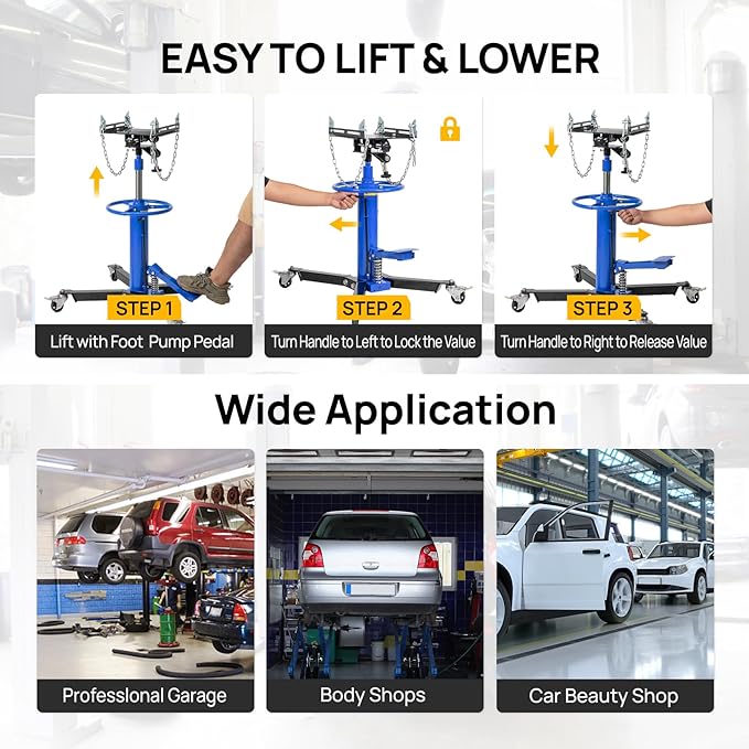 TUFFIOM Transmission Jack, 1660 lbs 3/4-Ton Hydraulic 2-Stage High Lift Vertical Telescoping Floor Jack Stand, 34" to 68" Lifting Range, w/Pedal, 360° Swivel Wheels, Garage/Shop Lift Hoist, Blue