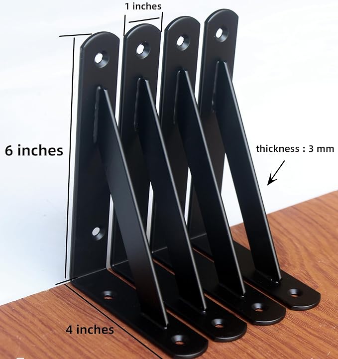 6 Pack L6 x H 4" Black Heavy Duty Shelf Brackets with Screws Metal Shelf Brackets Shelf Support Angle Brackets for Shelves L Brackets Heavy Duty Floating Shelf