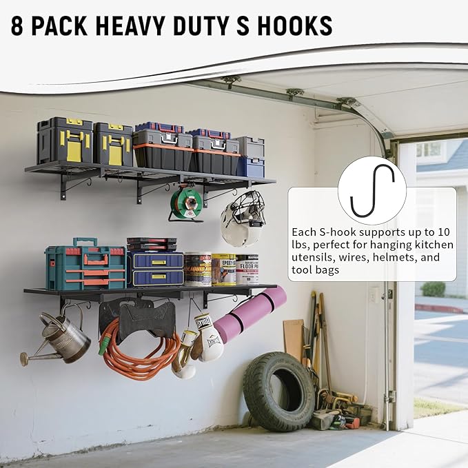 2 Pack Garage Wall Shelves, 46"X 12.5" Garage Shelving Wall Mounted, Heavy Duty Wall Shelf Organizer with 8 Hooks, Black Floating Storage Metal Rack 320 LBS Capacity for Laundry Room, Office, Basement