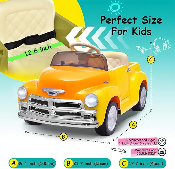 Joywhale 12V Kids Ride on Car Licensed Chevrolet 3100 Pickup Battery Powered Motorized Electric Car with 7AH Big Battery 2.4G Remote Control 3-Speeds Storage Space Music Retro Style, Yellow