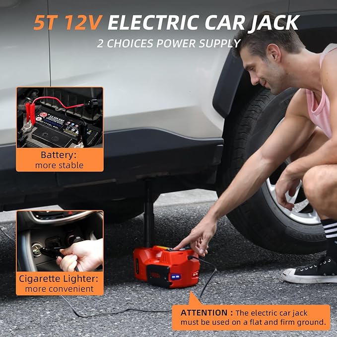 STANDTALL Electric Car Jack Kit 5 Ton 12V Hydraulic Jack Floor Jack with Impact Wrench and Tire Inflator Pump Lift with LED Light for SUV Sedan Truck Road Emergency Tire Change