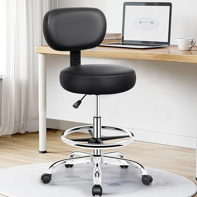 Drafting Chair with Backrest – Adjustable Foot Rest Rolling Stool with Wheels, PU Leather Swivel Stool for Office Spa Studio Lab Counter Salon Home Work Bar Kitchen Shop(Silver)