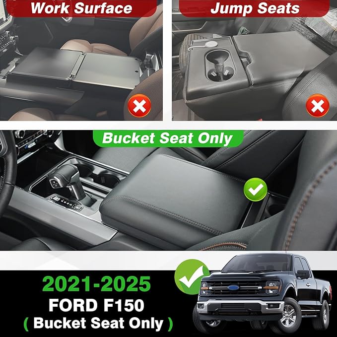 Muslogy Center Console Armrest Cover Compatible with Ford F150 2021-2024 2025 Comfort Armrest Pad Arm Rest Cushion Vegan Leather Protector 1-Inch Extra Thick(Bucket Seat ONLY)