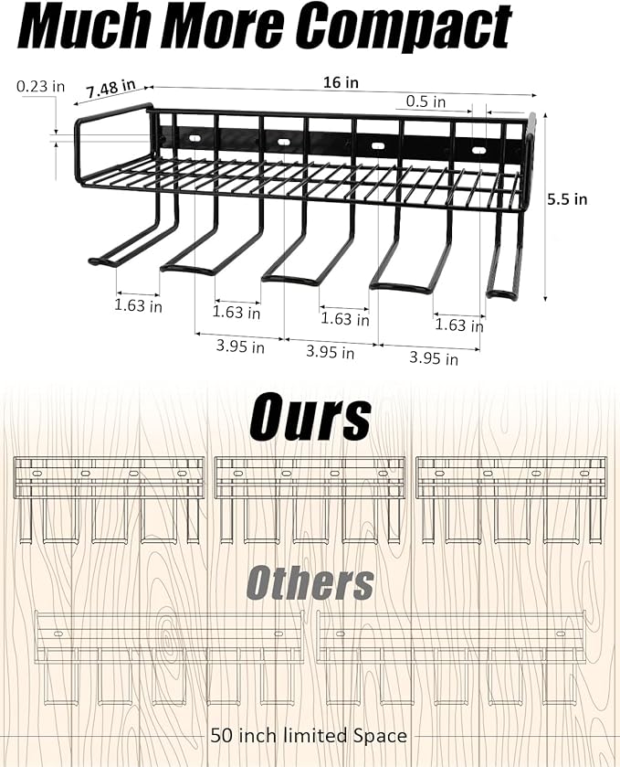 Heavy Duty Tool Organizer, 16"W x 7.48"H x 5.51"D, 4 Wall Mount Anchors, 3.95" Between Slots, Sturdy Steel Construction, Ideal for Power Tools