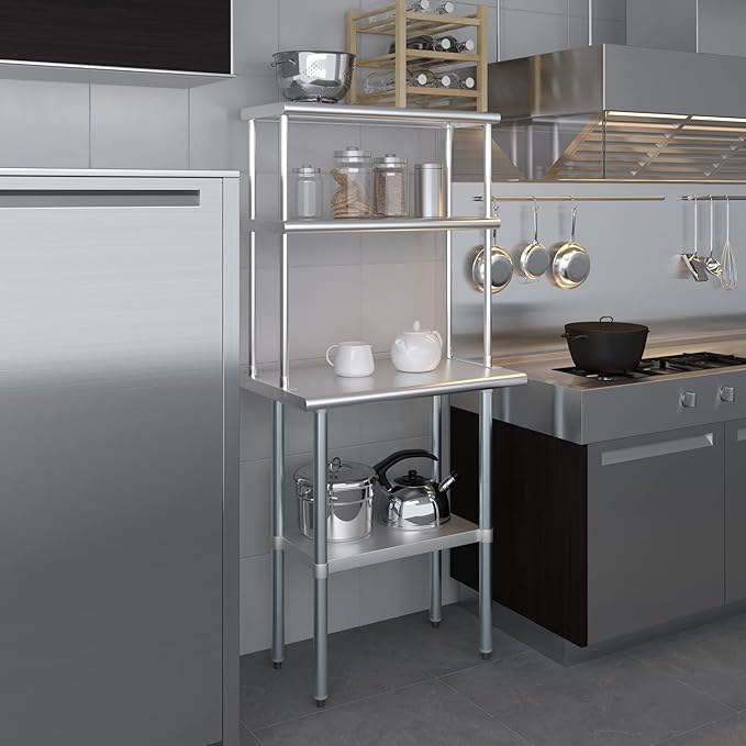 AmGood Stainless Steel Work Table Double Tier Overshelf | 18" x 30" Work Table + 12" Overshelf