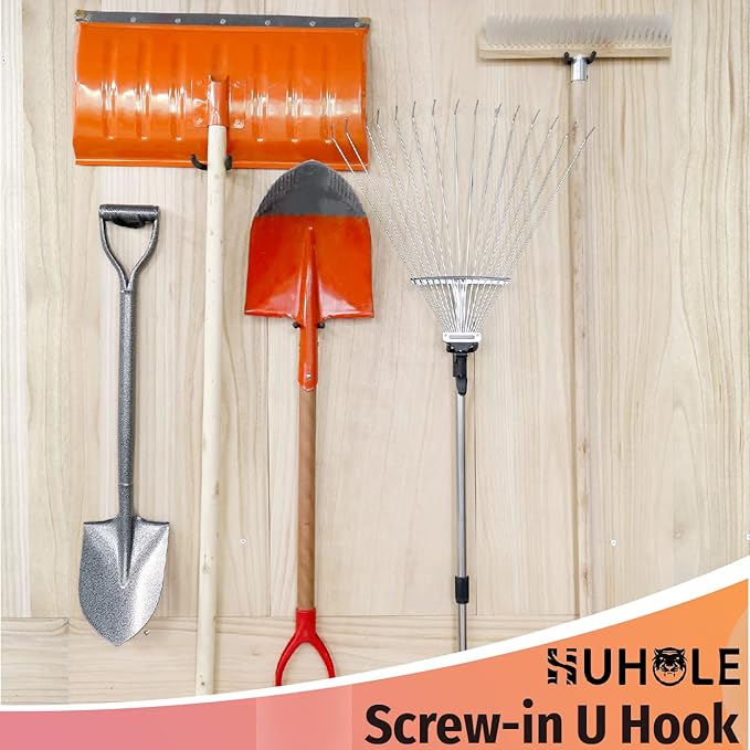 HUHOLE Screw in U Hook, Black, 16PC, Shovel Holder Wall Mount, U Hooks for Hanging Garden Tools