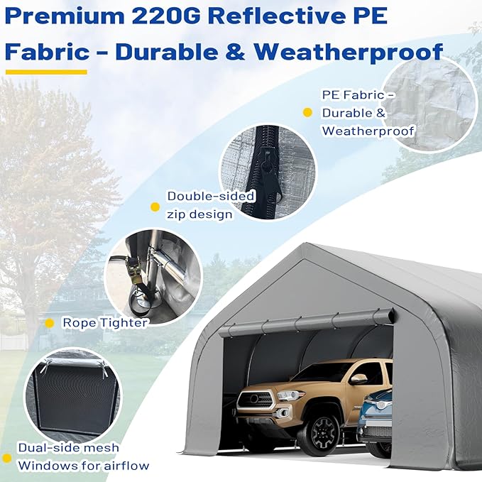 EROMMY 20x30 FT Heavy Duty Durable Carport, Galvanized Steel Frame Garage Shelter and Outdoor Storage, Waterproof 3-Layer PE Cover, Fits 2 Cars, Boat, Farm Equipment, Silver Gray