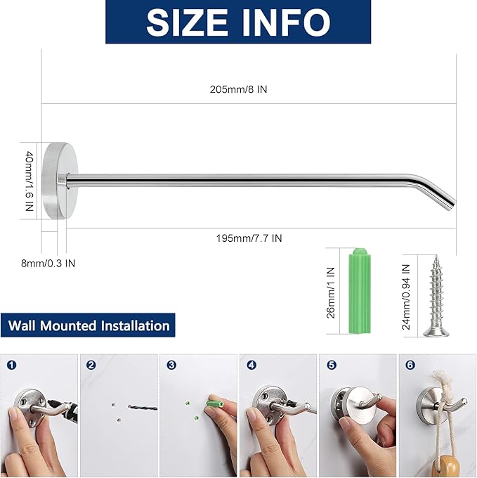 NearMoon Coat Hooks, Wall Hooks for Hanging Hat Hurse Robe, 304 Stainless Steel Heavy Duty Towel Hangers for Bathroom Livingroom Hotel Kitchen Garage, 6 Pack (8 Inch, Brushed Nickel)