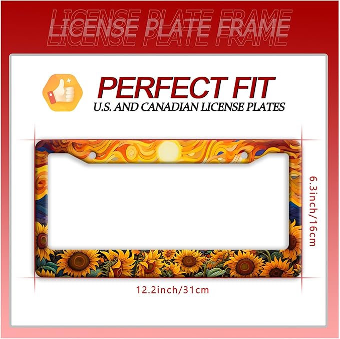 Sunflower Sun License Plate Frame Funny Yellow Flower License Plate Frames Stainless Steel Accessories Cars Decor with 2 Holes and Screws Fits Standard Us Ca Vehicles License Plate Holder 12.2 X 6 in