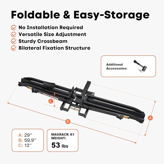 MagRack X1 Hitch 1 Ebike Rack, 100 lbs Capacity Electric Bike Carrier with 2 Arms, Foldable Bike Racks for Tow Hitch Up to 3.5-in Fat Tire 2" Receiver w/Lock
