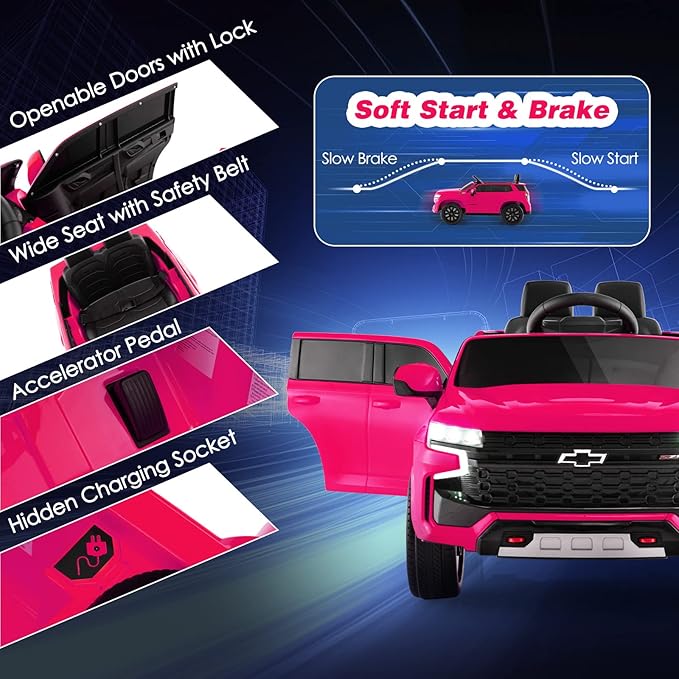 HONEY JOY Ride On Truck, 12V Licensed Chevrolet Tahoe, Chevy Electric Vehicle for Kids, Soft Start, Music, Lights, Battery Powered Ride On Car Toy with Remote Control, Gift for Boys Girls (Pink)