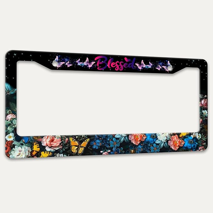 Blessed License Plate Frame Beautiful Butterfly Flowers License Plate Holders Funny Stainless Steel Auto Accessory Bracket 2 Hole with Screws Universal Us Car License Plate Frames 6x12 Inch