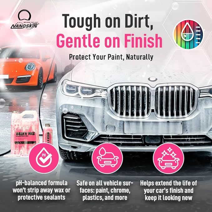 Nanoskin WASH N' WAX with Carnauba 16 Oz. - Cleans & Shines in One Step | Works with Foam Cannon, Foam Gun, Bucket Washes, Pressure Washer | Carnauba Wax Protection for Cars
