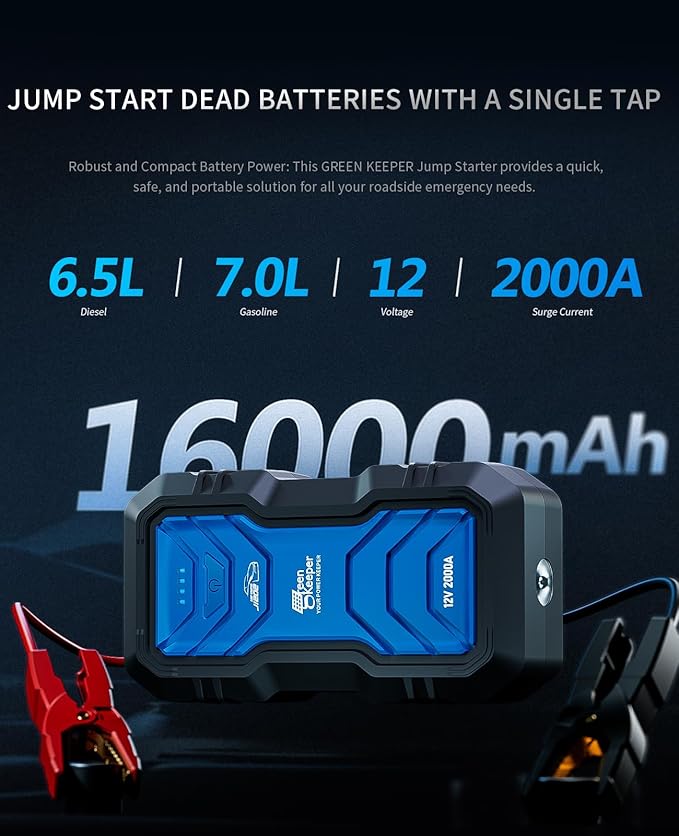 Portable Jump Starter 2000A Car Battery Jumper 12V Booster Engine Starter for 7.0L Gas & 6.5L Diesel Jump Start Battery Pack Multiple Emergency Kit with LED & Safety Protection with DC 12V/6A Output