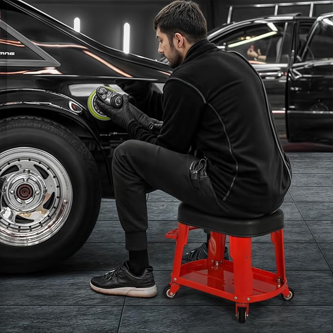 M-AUTO Heavy Duty Garage Rolling Work Seat 300LBS Capacity Mechanics Stool with Wheels, Rolling Work Seat with Equipment Tray and Tool Rack, Rectangle Seat Mechanic Roll Chair, Red