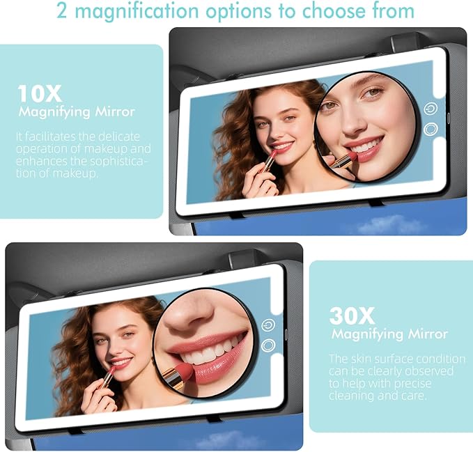 Car Sun Visor Vanity Mirror,Rechargeable Led Dimmable Makeup Mirror,With 10x and 30x magnification,3 Light Modes