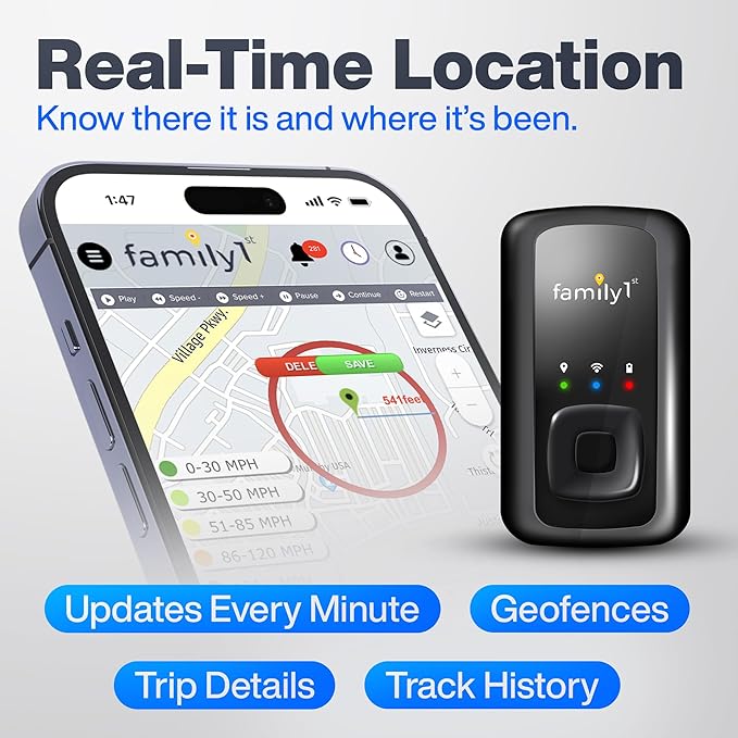 Family1st Portable Automobile GPS Trackers for Vehicles, Cars, Loved Ones, Real Time Tracking App, Up to 30 Days Battery Life, Hidden Tracking for Theft Protection & Subscription Needed.
