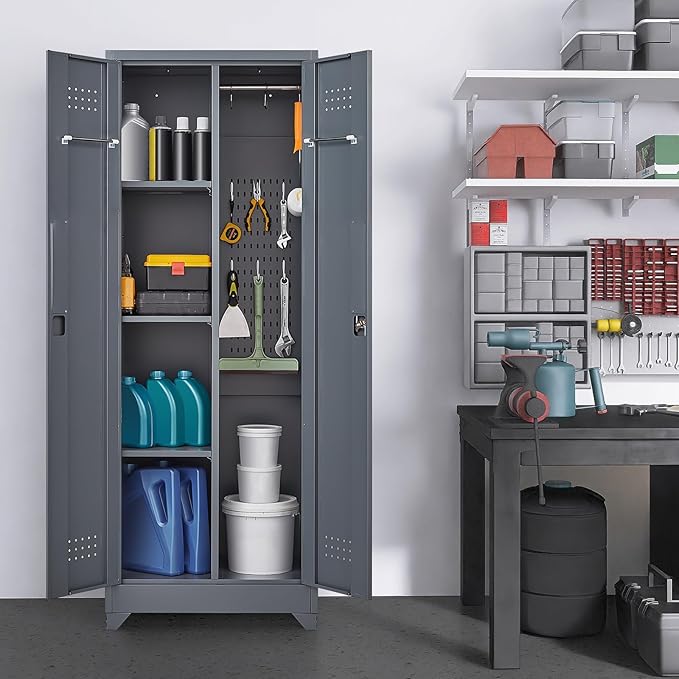 GREATMEET 65" Broom Storage Cabinet, Metal Utility Closet for Brooms and Mops, Cleaning Supply Cabinet with Pegboard, Multifunctional Metal Garage Mop Storage Closet, Grey