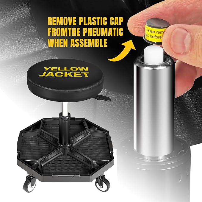 YELLOW JACKET Rolling Garage Seat Adjustable Pneumatic Shop Creeper Seat 300Lbs Mechanic Stool with Wheels and Removable Tool Tray Storage Workshop Chair for Auto Repair