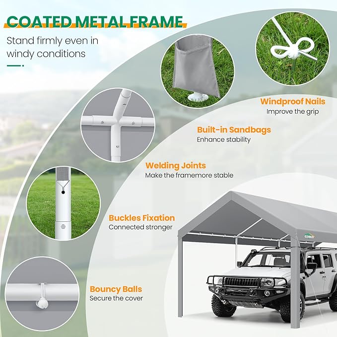 COBIZI Carports 10x20 Heavy Duty Car Tent Garage, Galvanized Frame Car Canopy Outdoor Shelter Waterproof & UV Protected with Windproof Ropes & Built-in Sandbags for Car Truck Boat, Gray