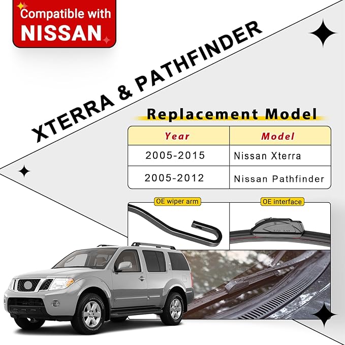 Windshield Wiper Blades Replacement for 2005-2015 Nissan Xterra / 2005-2012 Nissan Pathfinder Original Factory Quality Front Rear Wipers Blade Set for My Car - 24" 18" 12" (Pack of 3)