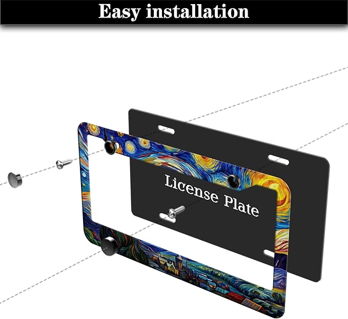 License Plate Frame Multicolor License Plate Holder The Starry Night Universal Aluminum Car Accessory 2 Pack with Screw Covers Set