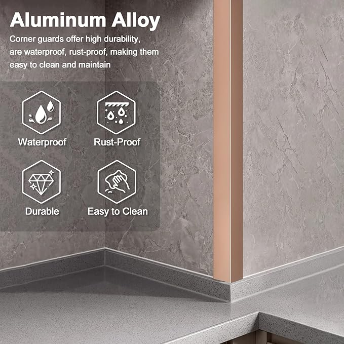 4PCS 45" Aluminum Metal Corner Protectors, Self Adhesive Corner Guards, Metal Wall Edge Protector Strip, Furniture Corner Protectors, Wall Cabinet Baseboard Decoration 45" x 1" (Rose Gold)