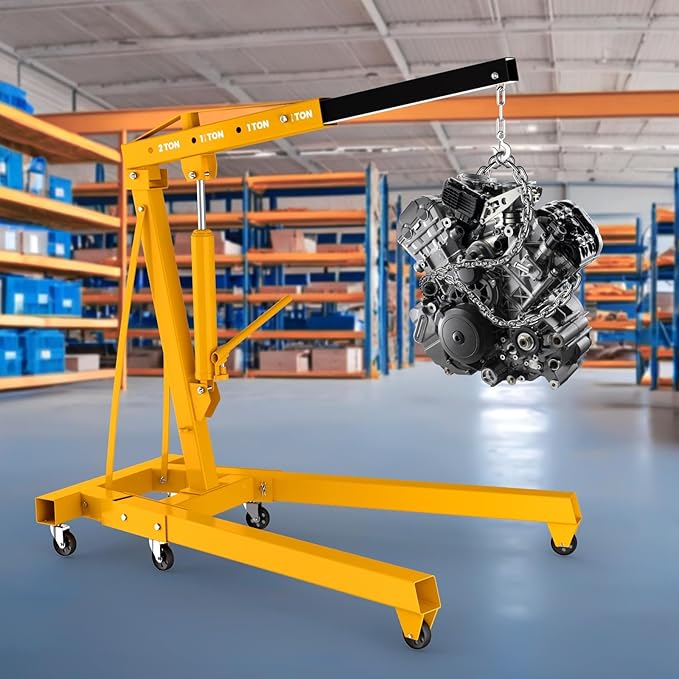 2-Ton Engine Hoist Cherry Picker with Engine Leveler, 4400 Lbs Folding Hydraulic Workshop Crane Lift with 6 Swivel Wheels and Telescopic Boom, Heavy-Duty Crane for Garage, Automotive Repair (Yellow)