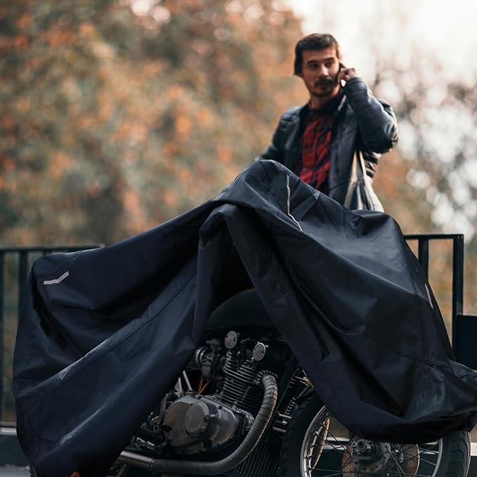 Motorbike Cover Waterproof Outdoor, Motorcycle Scooter Moped Rain Dust Cover with 5 Reflective Strips and 2 Windproof Buckles, 2 Lock-Holes fits Cruisers Sportbikes (1XL: 91 x 35 x 49 inch)