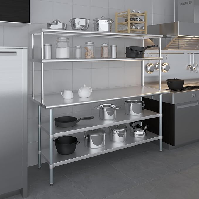 AmGood Stainless Steel Work Table with 2 Shelves | NSF (24" x 72" Table with 2 Shelves + 18" Overshelf)